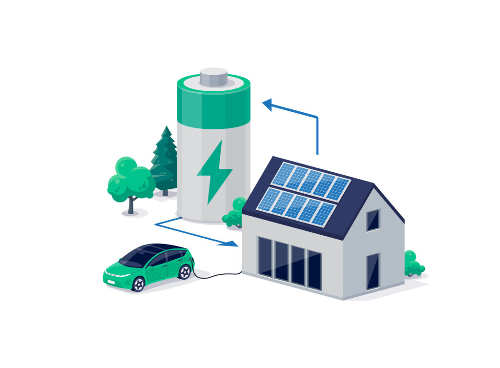 Illustration av hus med solceller och batterilagring